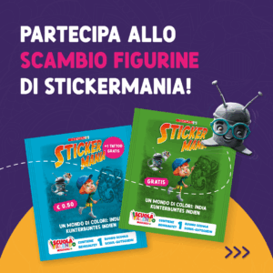 Pubblicità promozionale di Stickermania su sfondo viola. Mostra due album di figurine colorati (blu e verde) con personaggi cartoon e il logo Despar. Il testo recita 'Partecipa allo scambio figurine di Stickermania!' con prezzi €0,50 e 'Gratis'. Include mascotte robotica con occhiali.